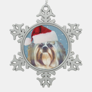 Christmas, Shih Tzu Dog, Santa Hat Snowflake Pewter Christmas Ornament
