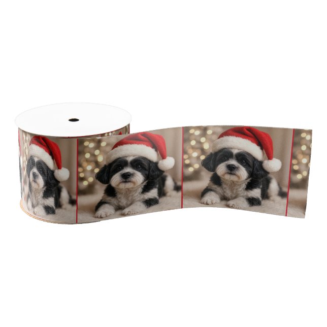 Christmas Shih Tzu Dog With Santa Hat Grosgrain Ribbon (Spool)