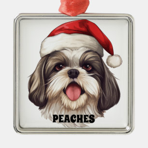CHRISTMAS SHIH TZU DOG WITH SANTA HAT METAL ORNAMENT