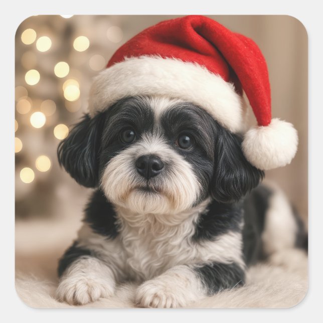 Christmas Shih Tzu Dog With Santa Hat Square Sticker (Front)