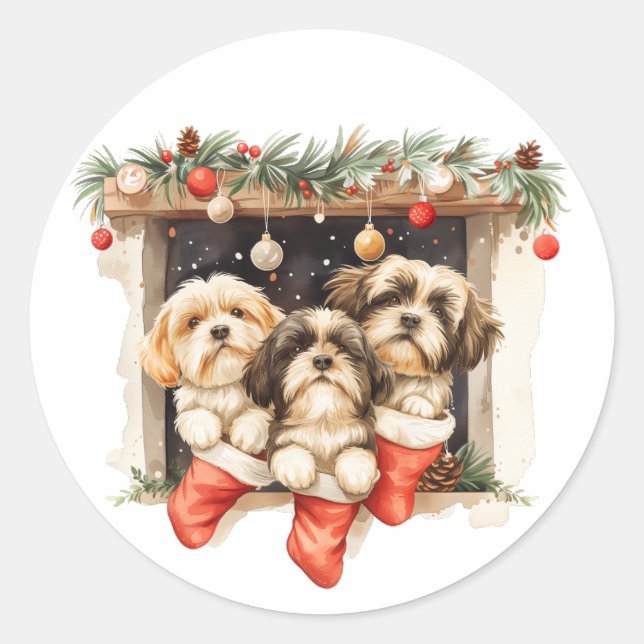Christmas Shih Tzu Dogs Classic Round Sticker (Front)