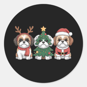 Christmas Shih Tzu Dogs Reindeer Antlers Xmas Tree Classic Round Sticker