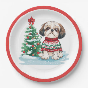 Christmas Shih Tzu Santa Dog Paper Plate
