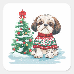 Christmas Shih Tzu Santa Dog Square Sticker