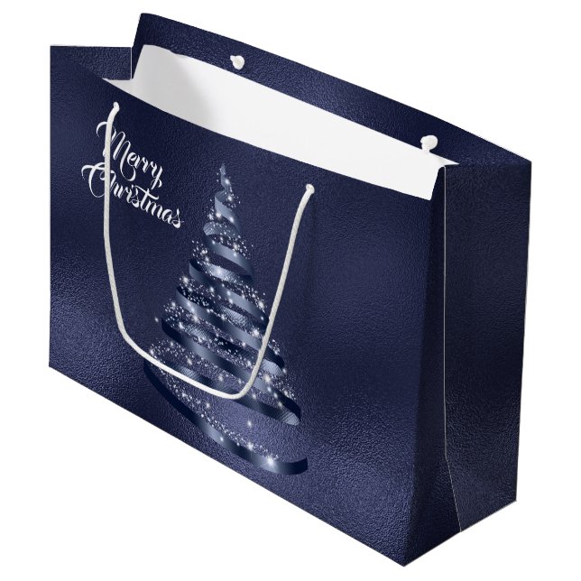 Christmas Shiny Blue Ribbon Tree Sparkle Large Gift Bag (Front Angled)