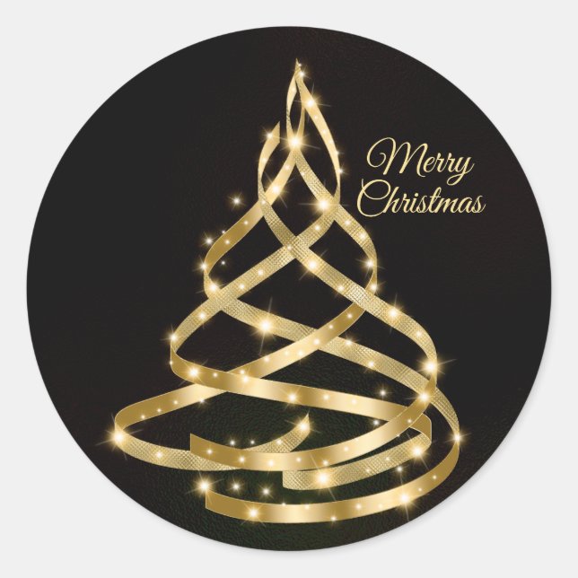 Christmas Shiny Golden Ribbon Tree Sparkle Black Classic Round Sticker (Front)