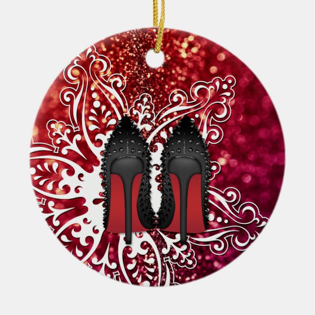 Christmas Shoes Stilettos fashion Snowflake Xmas Ceramic Ornament (Front)