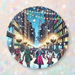 Christmas Shopping in the City on a Snowy Day Classic Round Sticker<br><div class="desc">Cute comic book style pop art showing a bunch of people walking down the city streets on a pretty winter day. Christmas stickers or envelope seals.</div>
