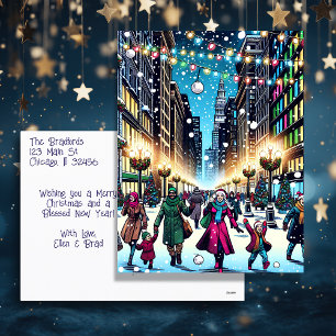 Christmas Shopping in the City on a Snowy Day Holiday Postcard