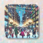 Christmas Shopping in the City on a Snowy Day Square Sticker<br><div class="desc">Cute comic book style pop art showing a bunch of people walking down the city streets on a pretty winter day. Christmas stickers or envelope seals.</div>