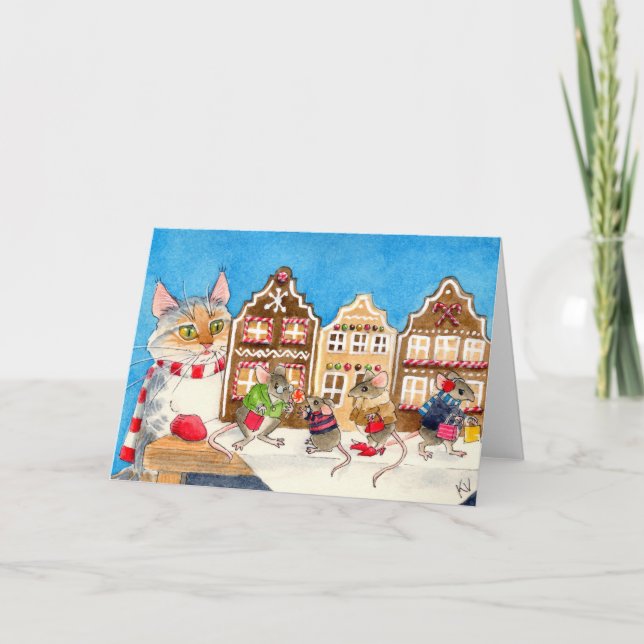 Christmas shopping mice and cat holiday card (Front)
