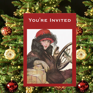 Christmas shopping, vintage lady in Red Hat Invitation