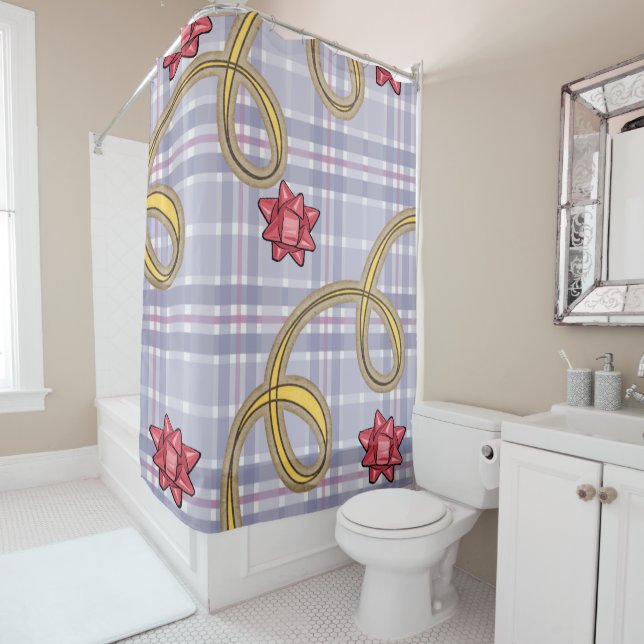 Christmas Shower Curtain, Blue Plaid Red Bow (In Situ)