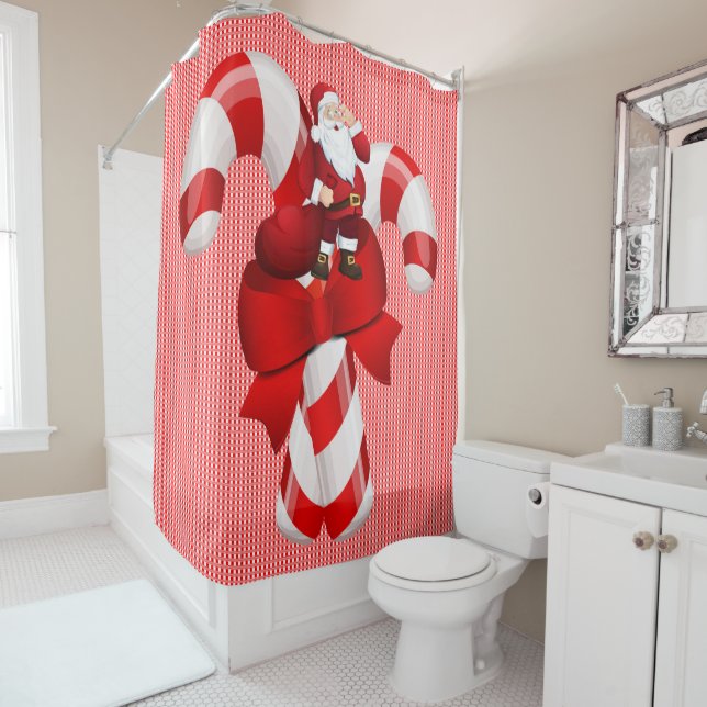 Christmas Shower Curtain, Candy Cane Santa (In Situ)