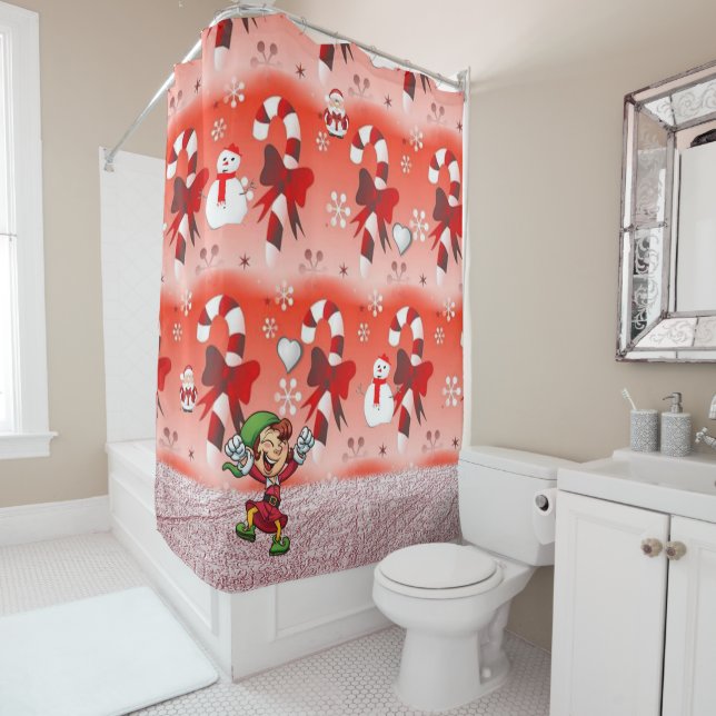 Christmas Shower Curtain, Elf, Candy Cane (In Situ)