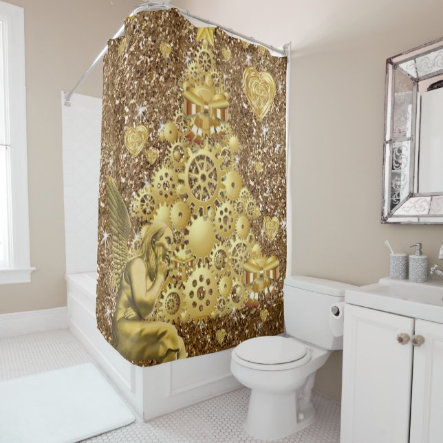 Christmas Shower Curtain, Gold Angel (In Situ)