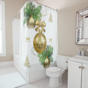 Christmas Shower Curtain, Gold Balls
