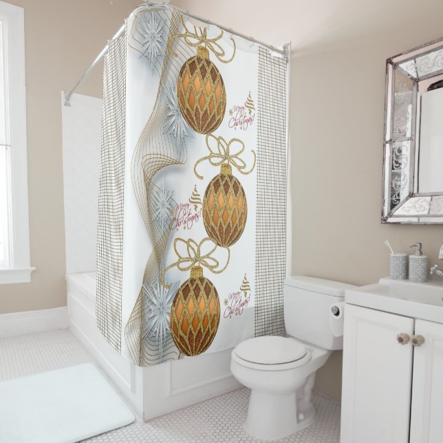 Christmas Shower Curtain, Gold Balls (In Situ)