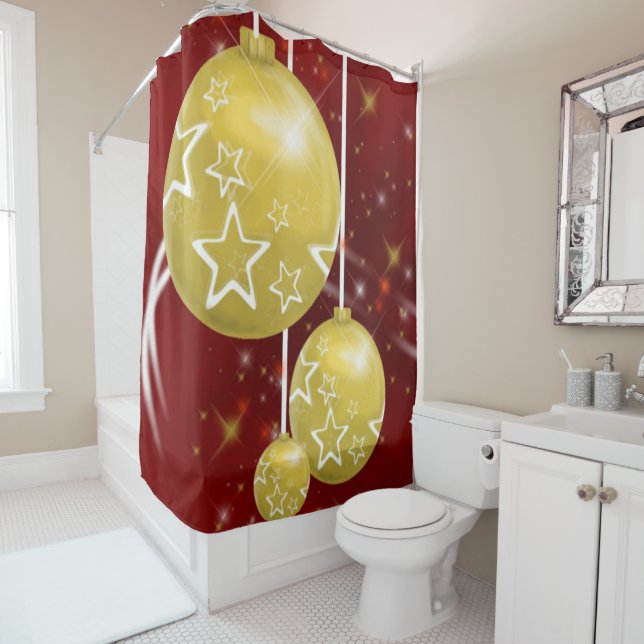 Christmas Shower Curtain, Gold Balls (In Situ)