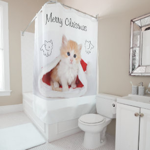 Christmas Shower Curtain, Merry Christmas Kitten