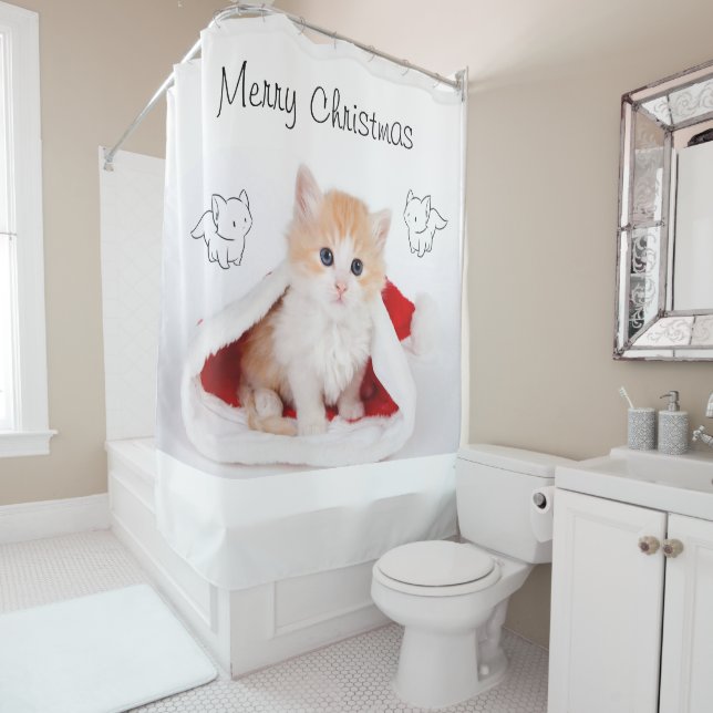 Christmas Shower Curtain, Merry Christmas Kitten (In Situ)
