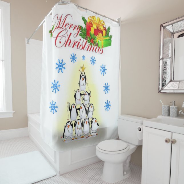 Christmas Shower Curtain, Merry Christmas Penguin (In Situ)