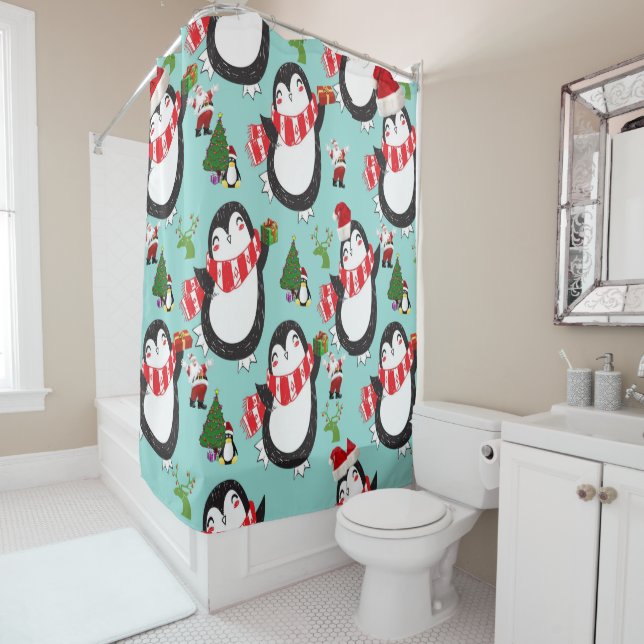 Christmas Shower Curtain, Penguin (In Situ)