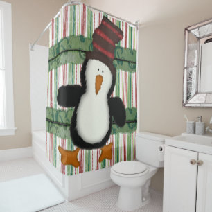 Christmas Shower Curtain Penguin Stripe