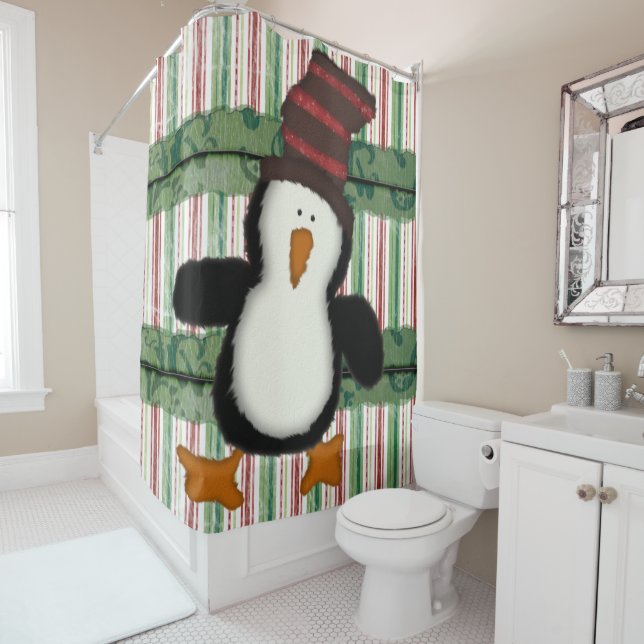 Christmas Shower Curtain Penguin Stripe  (In Situ)