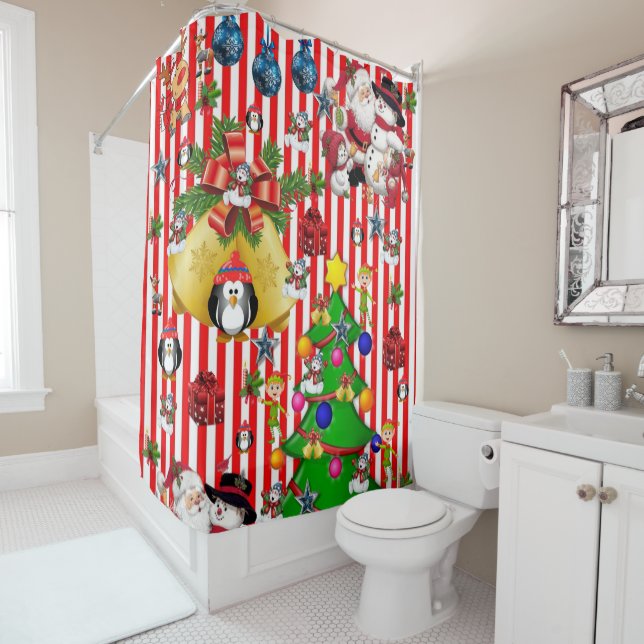 Christmas Shower Curtain, Penguin Stripe (In Situ)