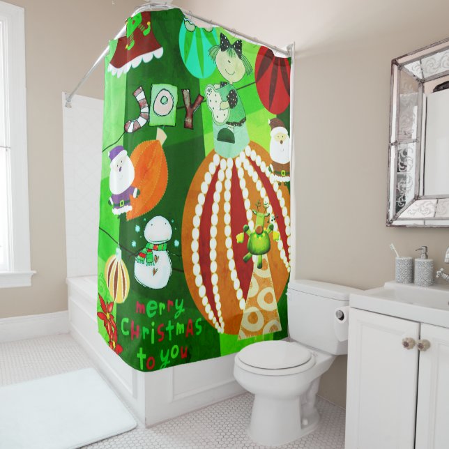 Christmas Shower Curtain, Red Green Stars Stripe  (In Situ)