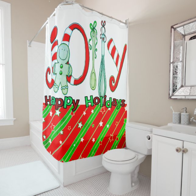 Christmas Shower Curtain, Red Green Stars Stripe  (In Situ)