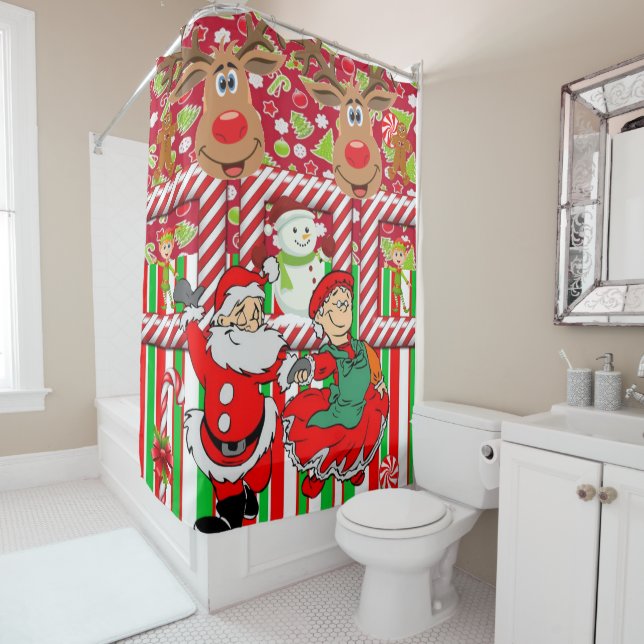 Christmas Shower Curtain, Reindeer Santa Snowman (In Situ)