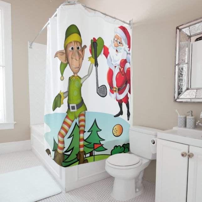 Christmas Shower Curtain, Santa Golf (In Situ)