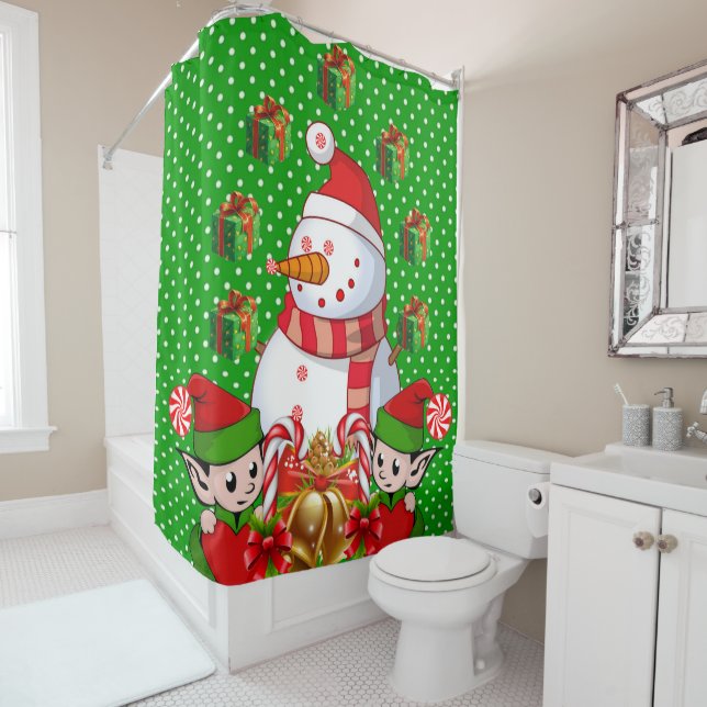 Christmas Shower Curtain, Snowman Elf (In Situ)