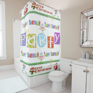 Christmas Shower Curtain, Stripe Happy Birthday