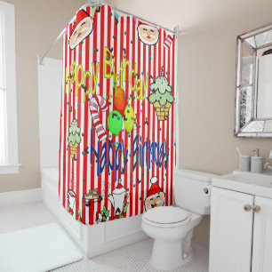 Christmas Shower Curtain, Stripe Happy Birthday