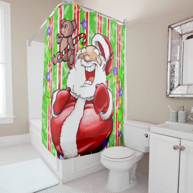 Christmas Shower Curtain, Stripe Teddy Bear (In Situ)