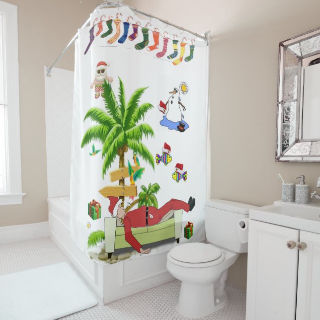 Christmas Shower Curtain, Summer Beach Bum Santa (In Situ)