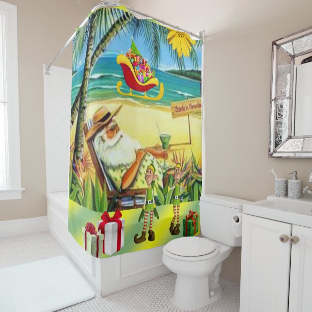 Christmas Shower Curtain, Summer Beach Bum Santa (In Situ)