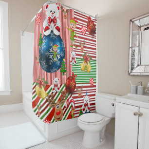 Christmas Shower Curtain, Teddy Bear Stripe