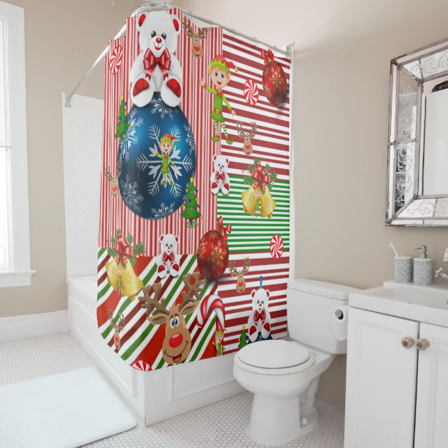 Christmas Shower Curtain, Teddy Bear Stripe (In Situ)