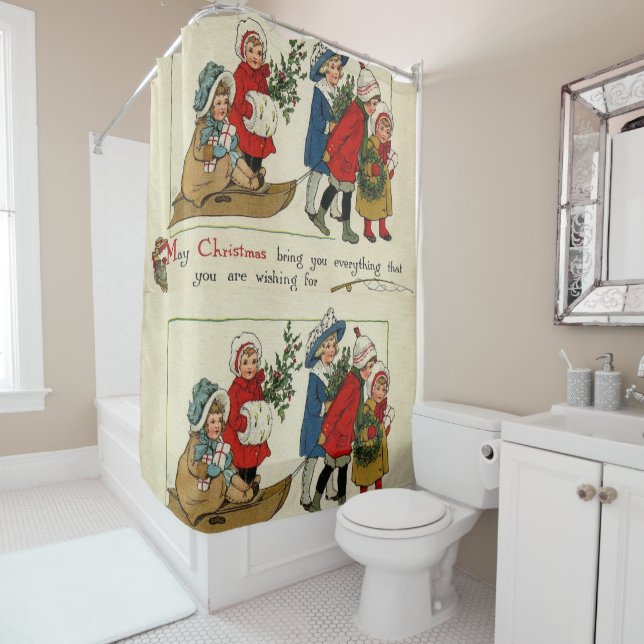 Christmas Shower Curtain, Vintage (In Situ)