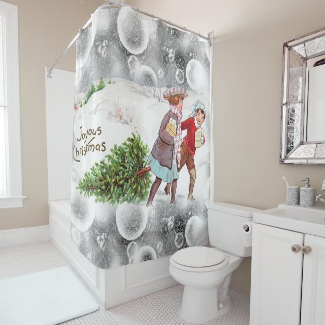 Christmas Shower Curtain, Vintage (In Situ)