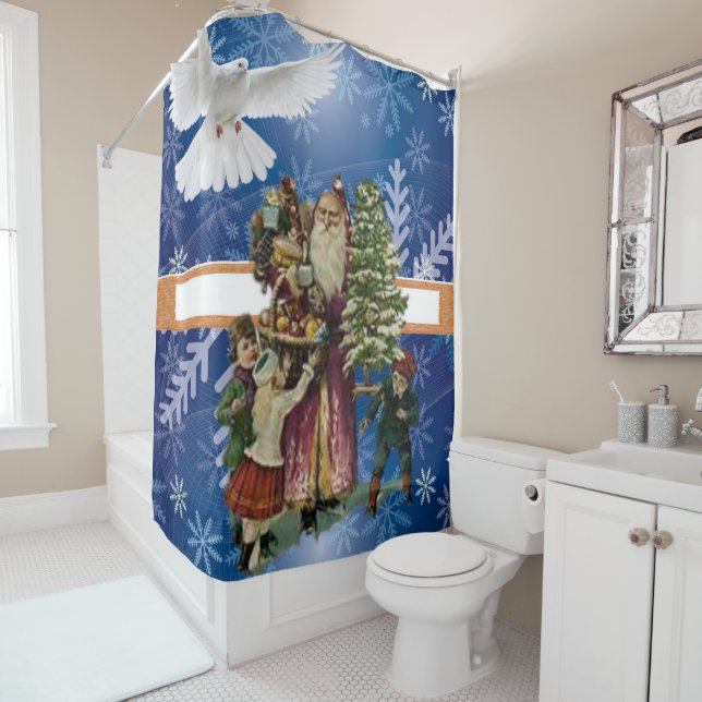 Christmas Shower Curtain, Vintage (In Situ)