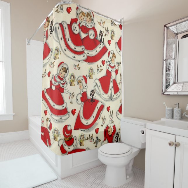 Christmas Shower Curtain, Vintage (In Situ)