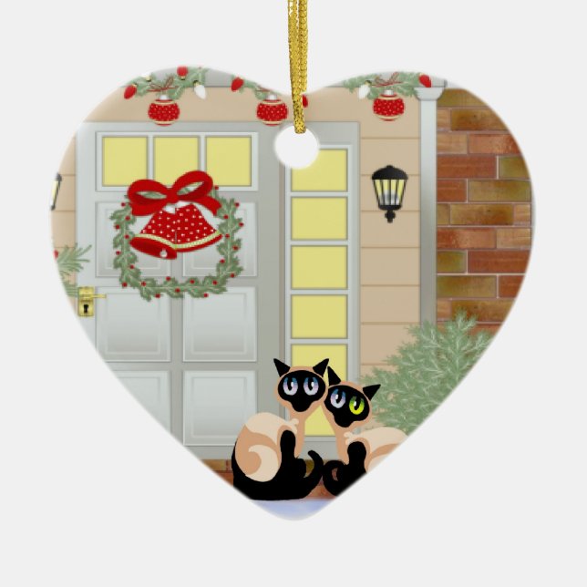 Christmas Siames Cats Ceramic Ornament (Front)
