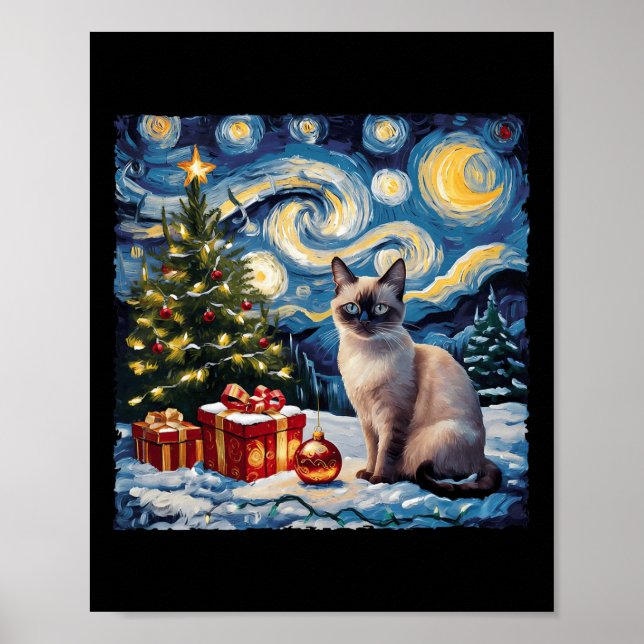 Christmas Siamese Cat Art Van Gogh The Starry Nigh Poster (Front)