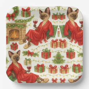 Christmas Siamese Cat is celebrating at home Paper Plate