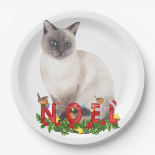 Christmas Siamese Cat Watercolor  Paper Plate